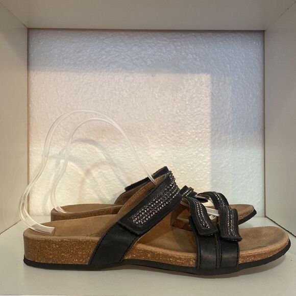 Vionic Afton Black Leather Rhinestones Adjustable Straps ComfortSlip On Sandals - Picture 4 of 11